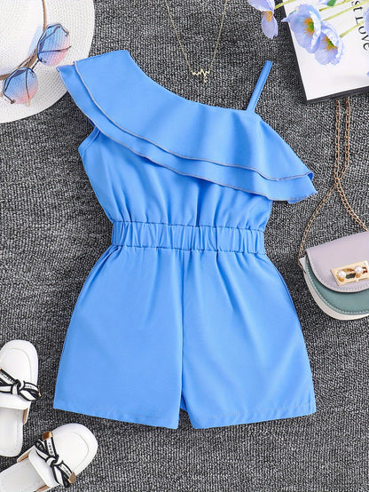 Adorable Girls' White One-Shoulder Romper Jumpsuit - Ruffled, Sleeveless, Summer Outfit for Kids - Breathable, Soft, Comfortable Clothing for Little Princesses