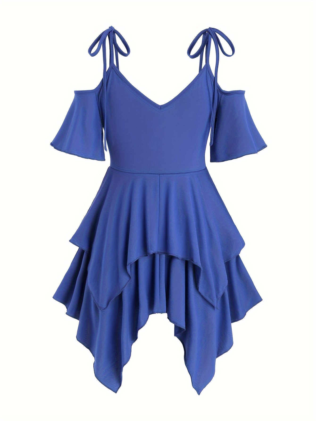 [One Cold Shoulder Drawstring T-shirt] Solid V Neck Cold Shoulder Drawstring T-shirt, Casual Asymmetrical Hem T-shirt For Summer, Women's Clothing