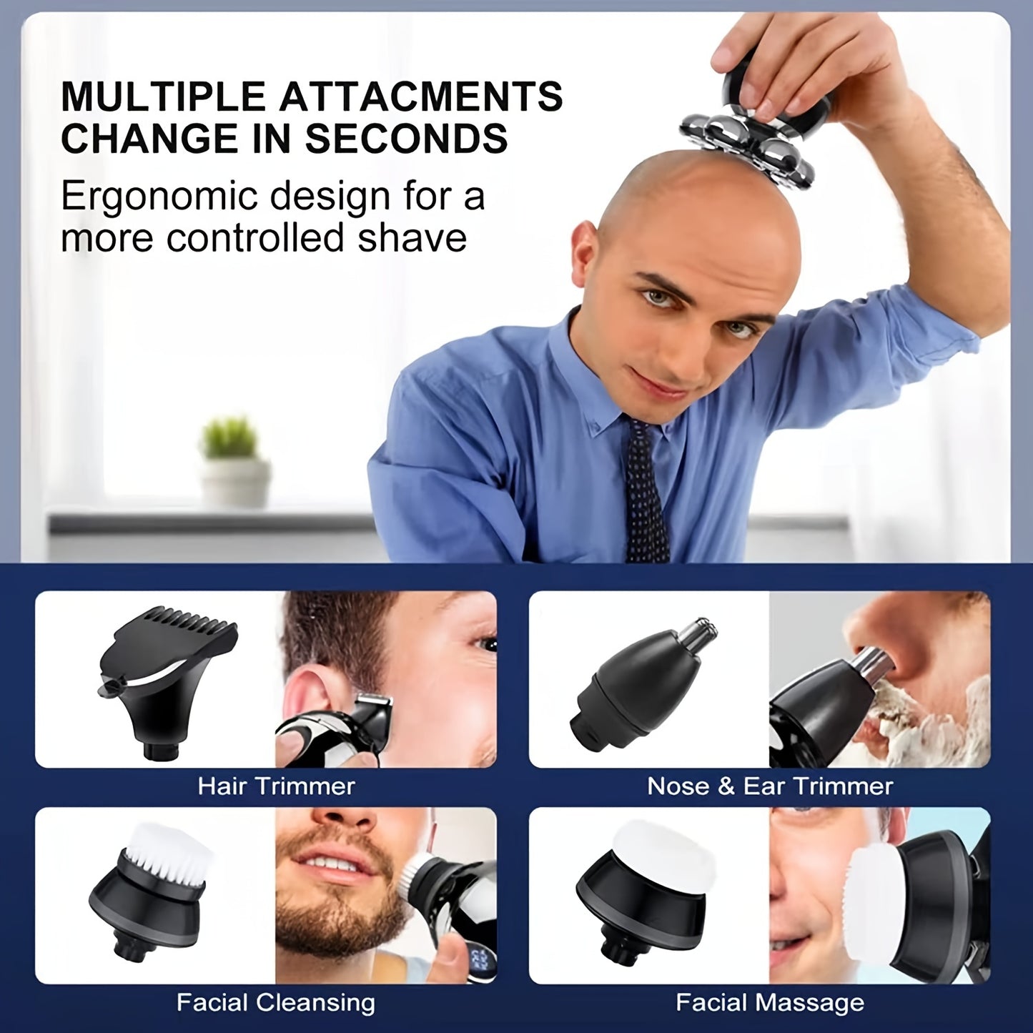 [Electric Head Shaver] 5-in-1 7D Electric Head Shavers for Bald Men, Cordless and Rechargeable, Modern Design Electric Men's Grooming Kit