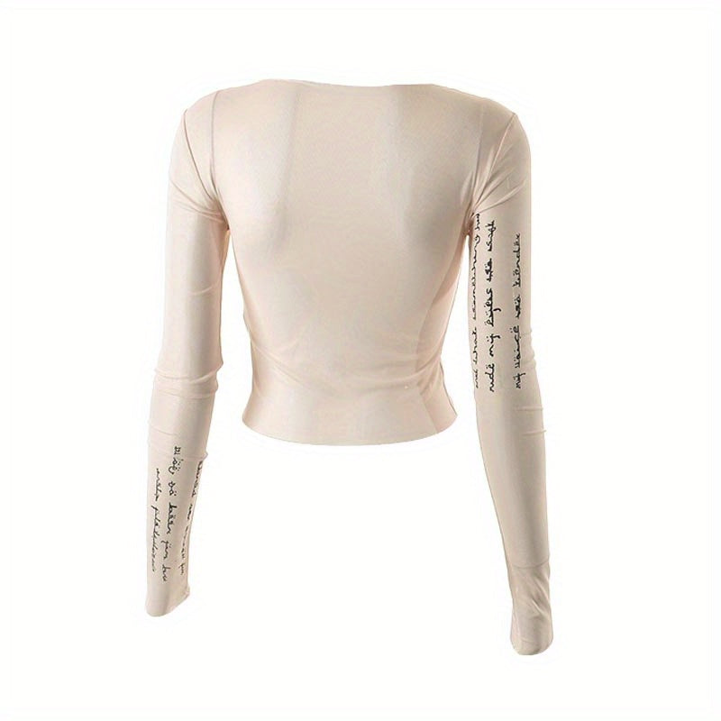Trendy Letter Print Mesh Top - Fashionable & Breathable Semi-sheer Womens T-shirt - Long Sleeve Spring & Summer Essential