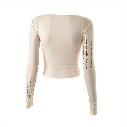 Trendy Letter Print Mesh Top - Fashionable & Breathable Semi-sheer Womens T-shirt - Long Sleeve Spring & Summer Essential