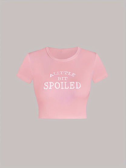 Letter Embroidery Crop T-Shirt, Y2K Short Sleeve T-Shirt For Spring & Summer, Women's Clothing
