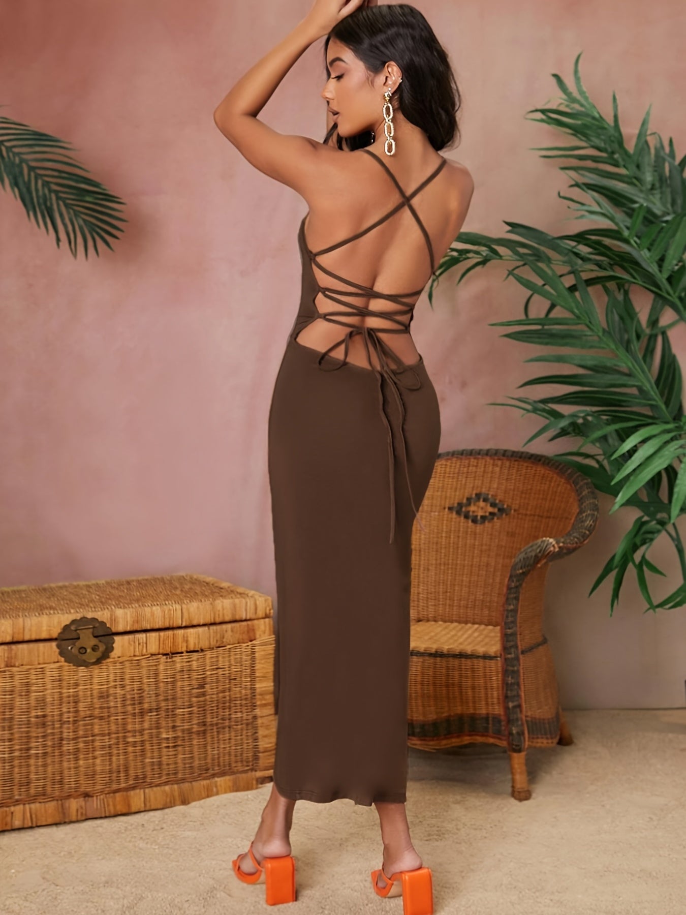 Long Off-the-Shoulder Lace Up Split Spaghetti Dress - Sexy Cross Strap Backless Cami Design, Mid-Elastic Polyester Fabric, Machine Washable, Perfect for Summer - Customized Womens Clothing