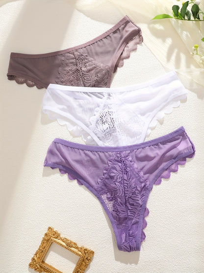 3pcs Women's Lace Trim Sexy Sheer Thong Set, Intimate Wear, Thong Collection, Feminine Lingerie, Elegant Thongs, Soft Lace, Comfortable Fit, Vstring Panties, Lowrise Underwear, Sensual Undergarments, Lingerie Lovers