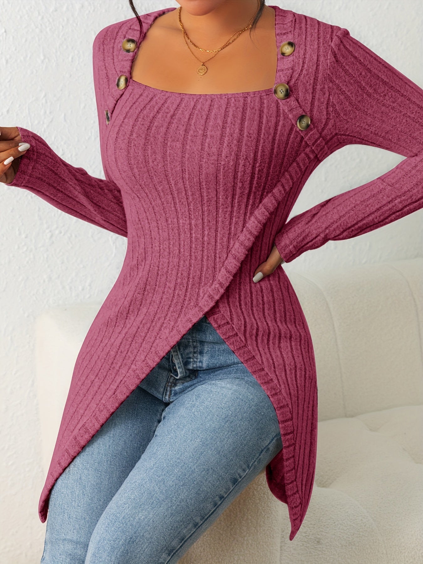 Button Decor Asymmetrical Hem T-Shirt, Casual Ribbed Long Sleeve Top For Spring & Fall, Women's Clothing