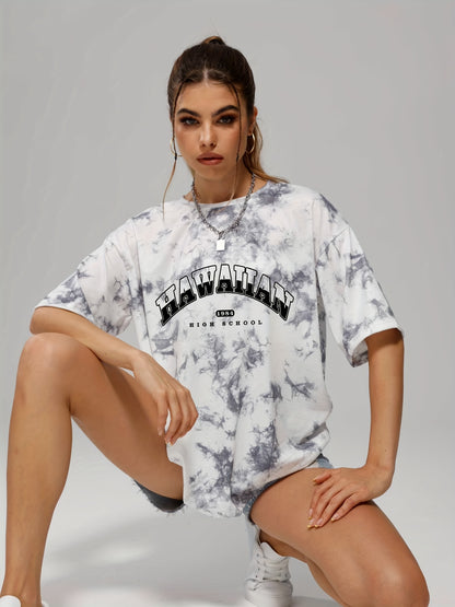 Women's Tie Dye Letter Graphic Tee, Casual Loose Sports Crew Neck T-shirt, Women's Tops