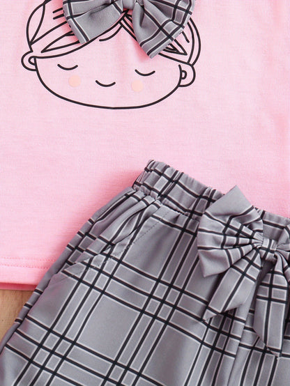 2pcs Girls Figure Graphic T-Shirts Round Neck Ruffle Sleeve Tees Top & Elastic Waist Bow Plaid Shorts Set Kids Summer Clothes