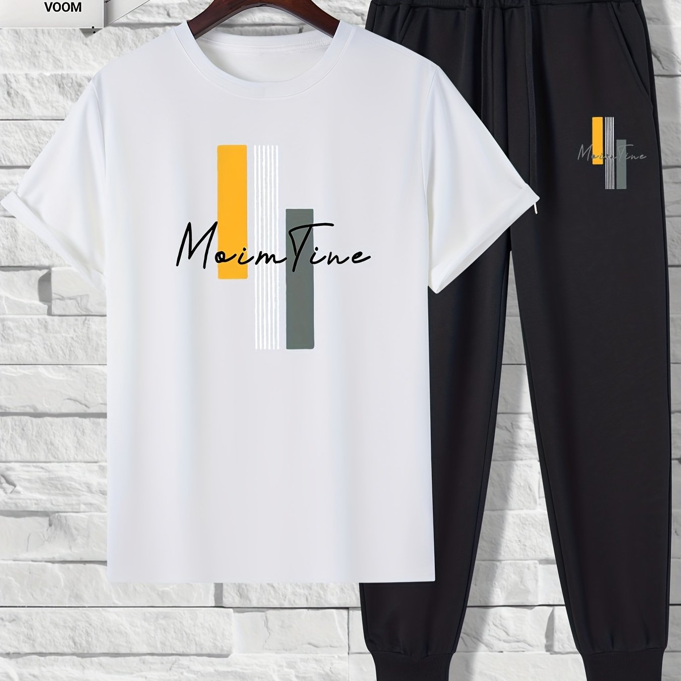 Color Blocks Print, Men's 2 Pieces Outfits, Short Sleeve T-Shirt And Drawstring Trousers Set