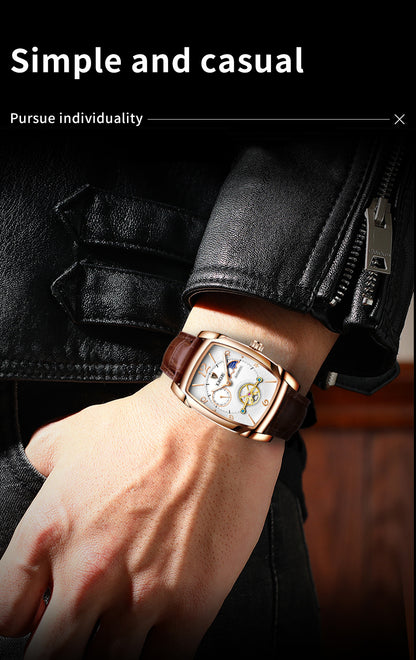 LIGE 2023 Vintage-Inspired Mechanical Men's Watch – Waterproof, Rectangular Leather Timepiece, Perfect Gift