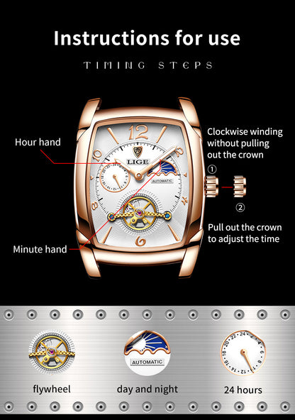 LIGE 2023 Vintage-Inspired Mechanical Men's Watch – Waterproof, Rectangular Leather Timepiece, Perfect Gift
