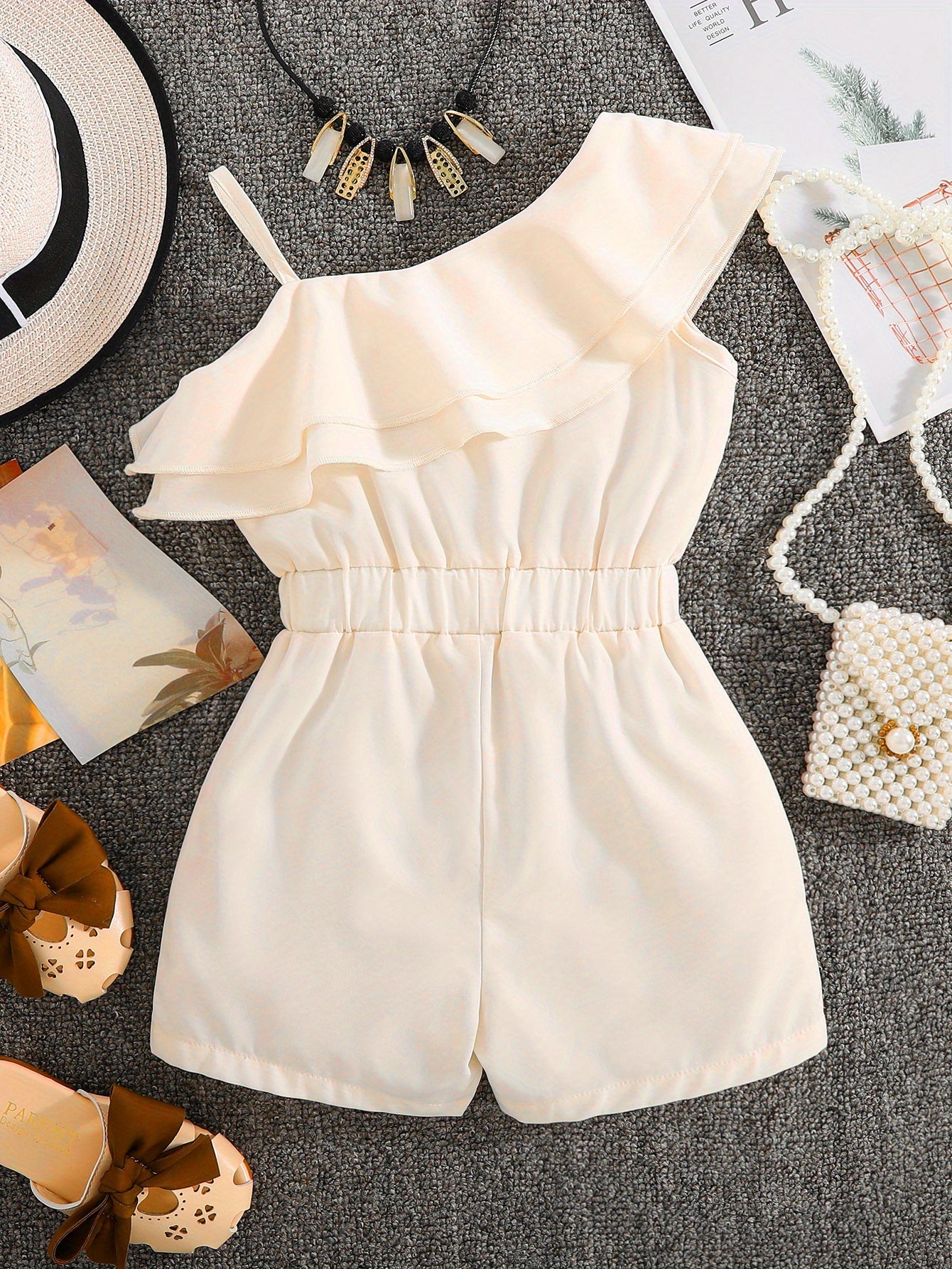 Adorable Girls' White One-Shoulder Romper Jumpsuit - Ruffled, Sleeveless, Summer Outfit for Kids - Breathable, Soft, Comfortable Clothing for Little Princesses