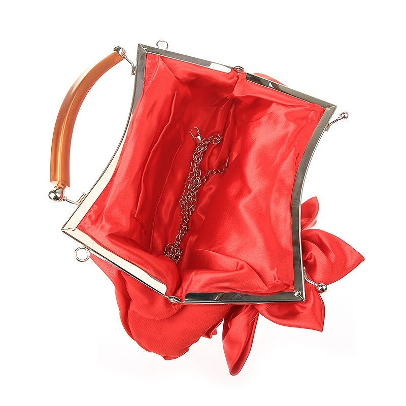 Floral Decor Clutch Bag, Elegant Ruched Detail Handbag, Women's Trendy Chain Shoulder Bag For Party