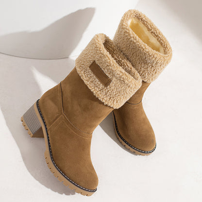 Mid Calf Snow Boots for Women - Stacked Block Heel, Plush Round Toe, Thermal Insulation, Slip-On Design, Solid Color, Winter Warmth and Comfort Shoes