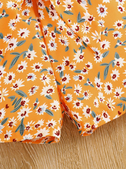 Girls 2pcs Round Neck Sleeveless Tank Top & Elastic Waist Shorts With Belt Floral Love Print Casual Kids Clothes Summer