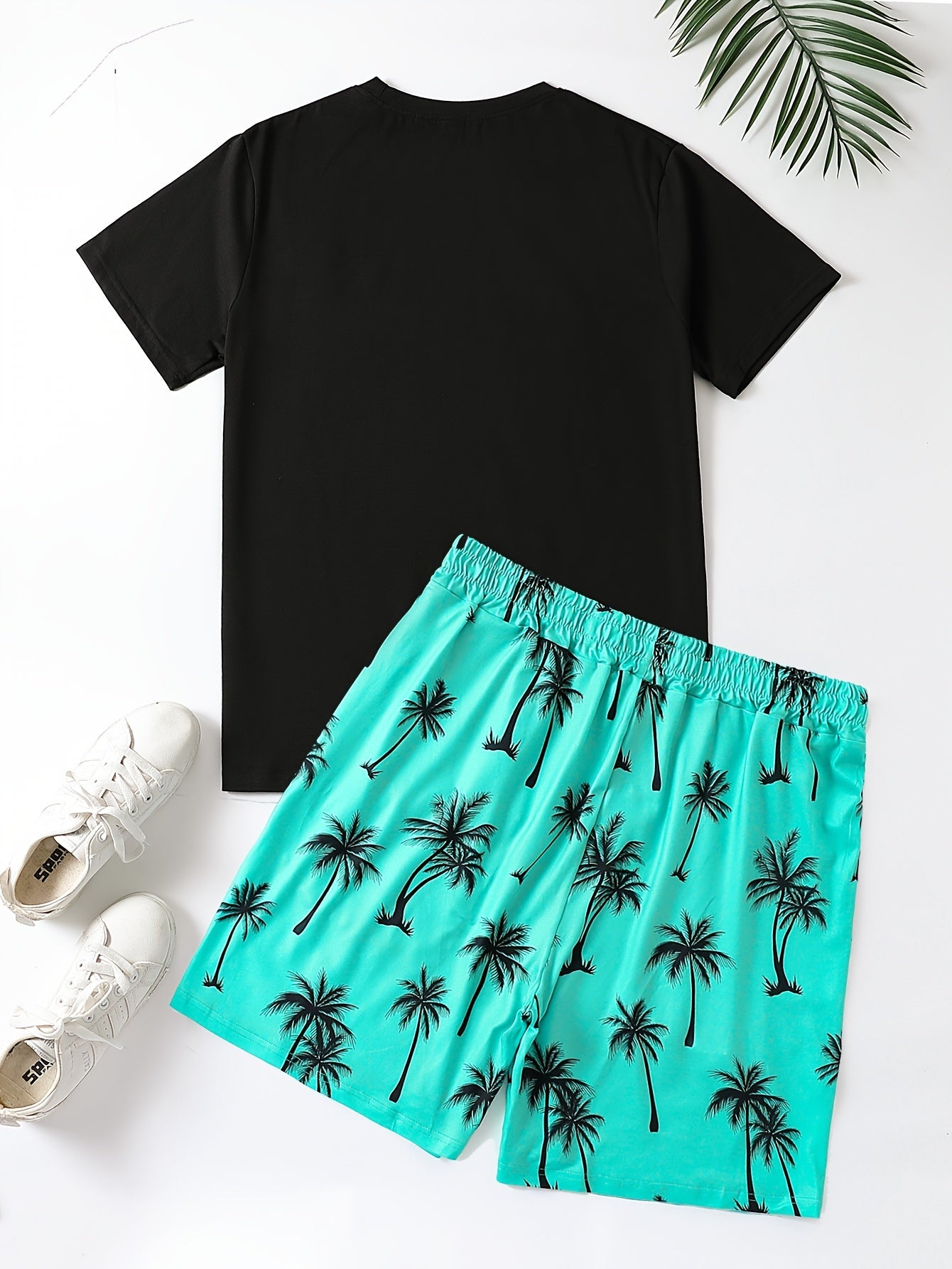 2Pcs Men's Palm Trees Print Casual Crew Neck Short Sleeve T-shirt And Drawstring Sweatpants Joggers Set For Summer