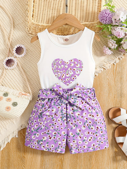 Girls 2pcs Round Neck Sleeveless Tank Top & Elastic Waist Shorts With Belt Floral Love Print Casual Kids Clothes Summer