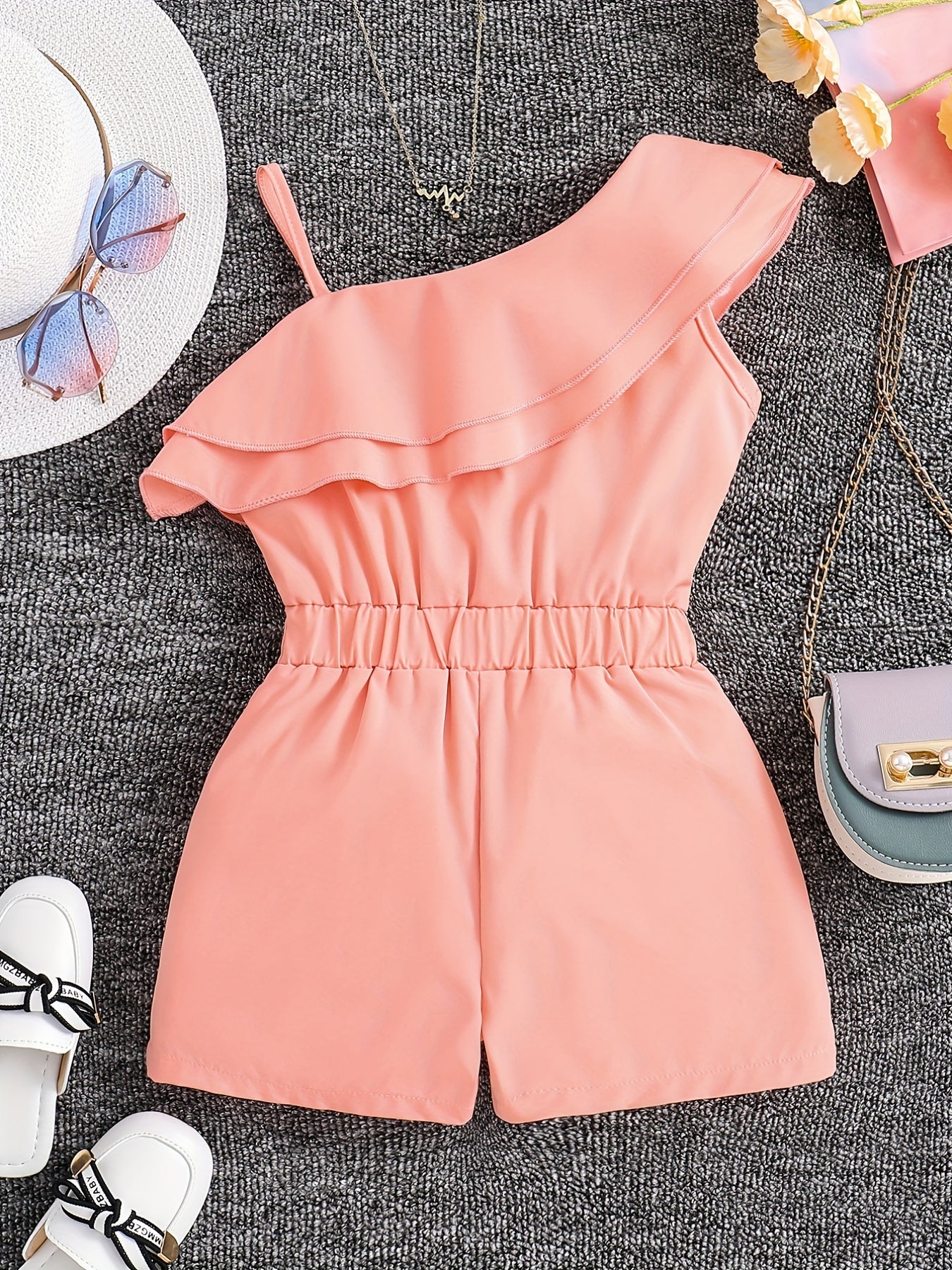Adorable Girls' White One-Shoulder Romper Jumpsuit - Ruffled, Sleeveless, Summer Outfit for Kids - Breathable, Soft, Comfortable Clothing for Little Princesses