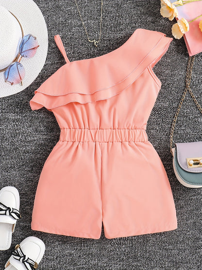 Adorable Girls' White One-Shoulder Romper Jumpsuit - Ruffled, Sleeveless, Summer Outfit for Kids - Breathable, Soft, Comfortable Clothing for Little Princesses