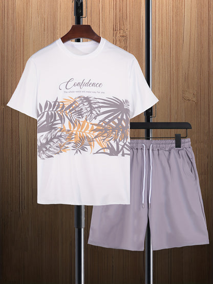 Mens Trendy Leaf Print 2-Piece Outfit - Relaxed Fit T-Shirt & Adjustable Drawstring Shorts - Comfortable Casual Wear