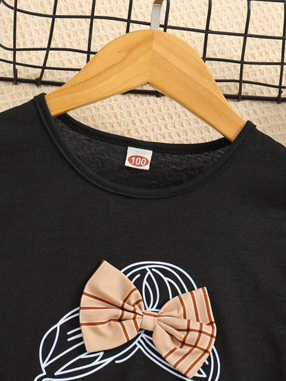 2pcs Girls Figure Graphic T-Shirts Round Neck Ruffle Sleeve Tees Top & Elastic Waist Bow Plaid Shorts Set Kids Summer Clothes