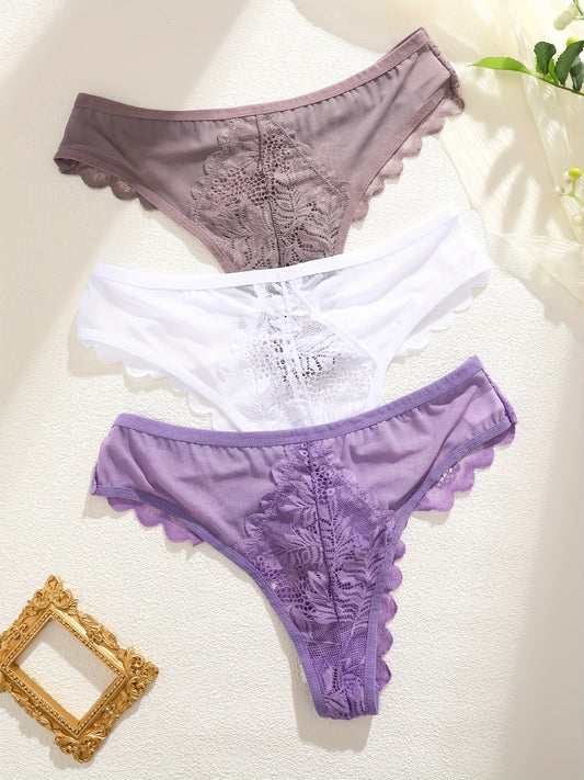 3pcs Women's Lace Trim Sexy Sheer Thong Set, Intimate Wear, Thong Collection, Feminine Lingerie, Elegant Thongs, Soft Lace, Comfortable Fit, Vstring Panties, Lowrise Underwear, Sensual Undergarments, Lingerie Lovers