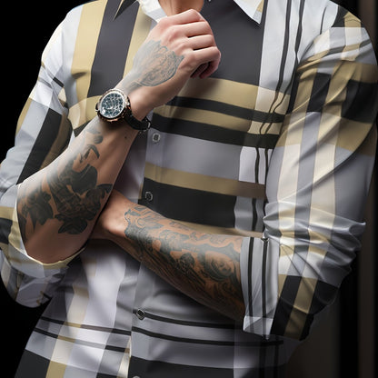 Non-Positional Cut Men's Casual Business Shirt with Plaid Print