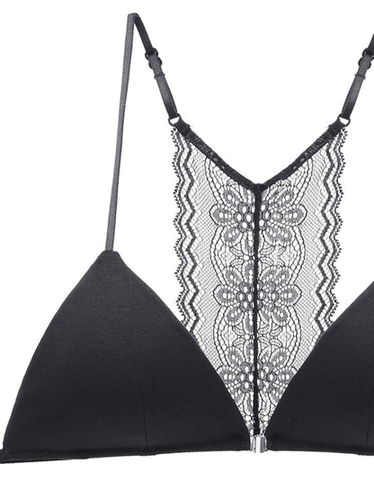 Triangle Cups Front Buckle Bras, Lace Stitching Beauty Back Bra With Removable Pads, Women's Lingerie & Underwear