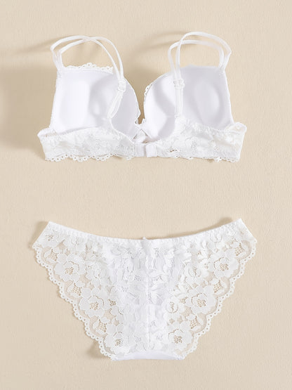 Romantic Lace Embroidery Lingerie Set - Soft & Breathable Push-Up Bra with Sheer Panty - Perfect Seductive Valentines Gift for Her - Womens Comfortable Intimate Wear