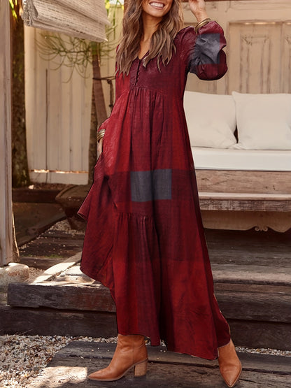 Patchwork Print Loose Dress, Boho V Neck Long Sleeve Dress, Women's Clothing
