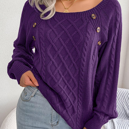 [Texture Lantern Sleeve Sweater] Round Neck Texture Lantern Sleeve Women's Sweater - Button Sweater