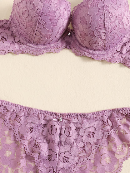 Romantic Lace Embroidery Lingerie Set - Soft & Breathable Push-Up Bra with Sheer Panty - Perfect Seductive Valentines Gift for Her - Womens Comfortable Intimate Wear