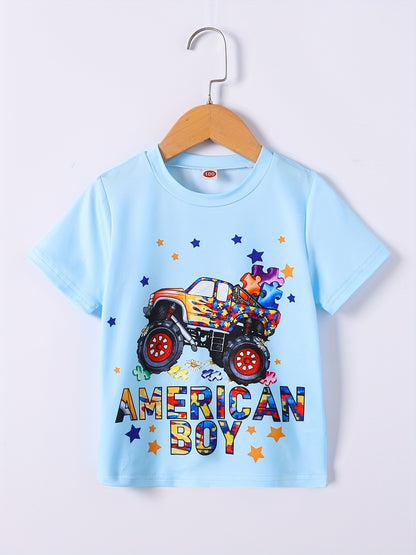 Boys Independence Day Car Print Boys Creative T-shirt, Casual Lightweight Comfy Short Sleeve Crew Neck Tee Tops, Kids Clothings For Summer