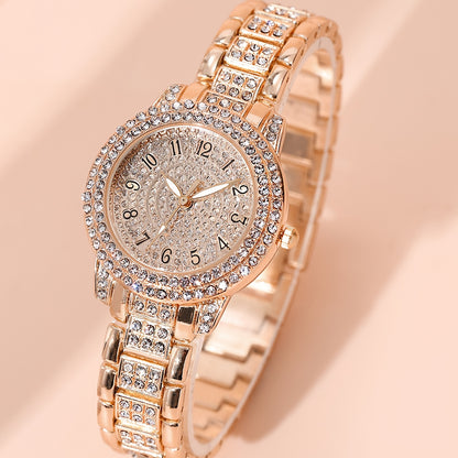 2pcs Women Watches Bracelet Golden Tone Alloy Quartz Watch Stylish Rhinestone Bling Dress Watch Wristwatches, For Xmas