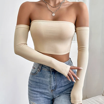 Women's Off-Shoulder Short Crop Top - Slim-Fit Sleeve Stretchy Shirt, Solid Black All-Season Versatile Top for Casual & Formal Outfits, Machine Washable Elegant Women's Fashion Apparel
