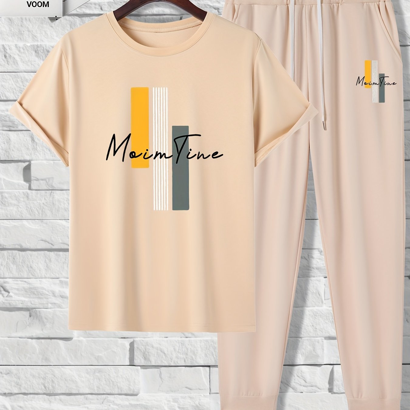 Color Blocks Print, Men's 2 Pieces Outfits, Short Sleeve T-Shirt And Drawstring Trousers Set