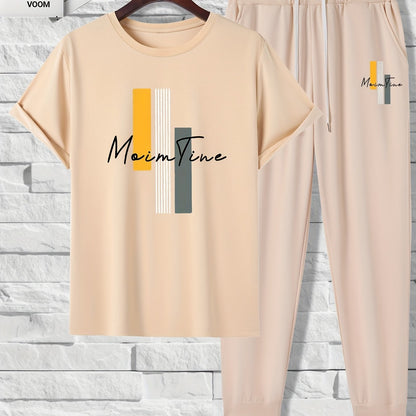 Color Blocks Print, Men's 2 Pieces Outfits, Short Sleeve T-Shirt And Drawstring Trousers Set