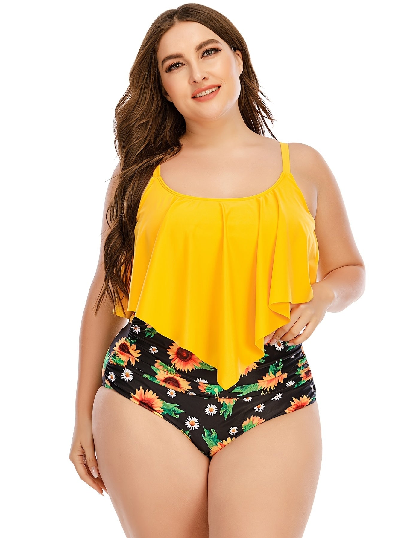 2pcs Plus Size Irregular Hem Top & Sunflower Print Panty Swimsuit Set, Women's Plus Medium Stretch Modest Swimsuit Set