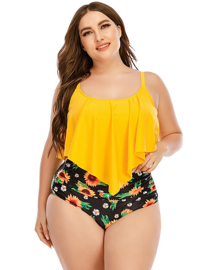 2pcs Plus Size Irregular Hem Top & Sunflower Print Panty Swimsuit Set, Women's Plus Medium Stretch Modest Swimsuit Set