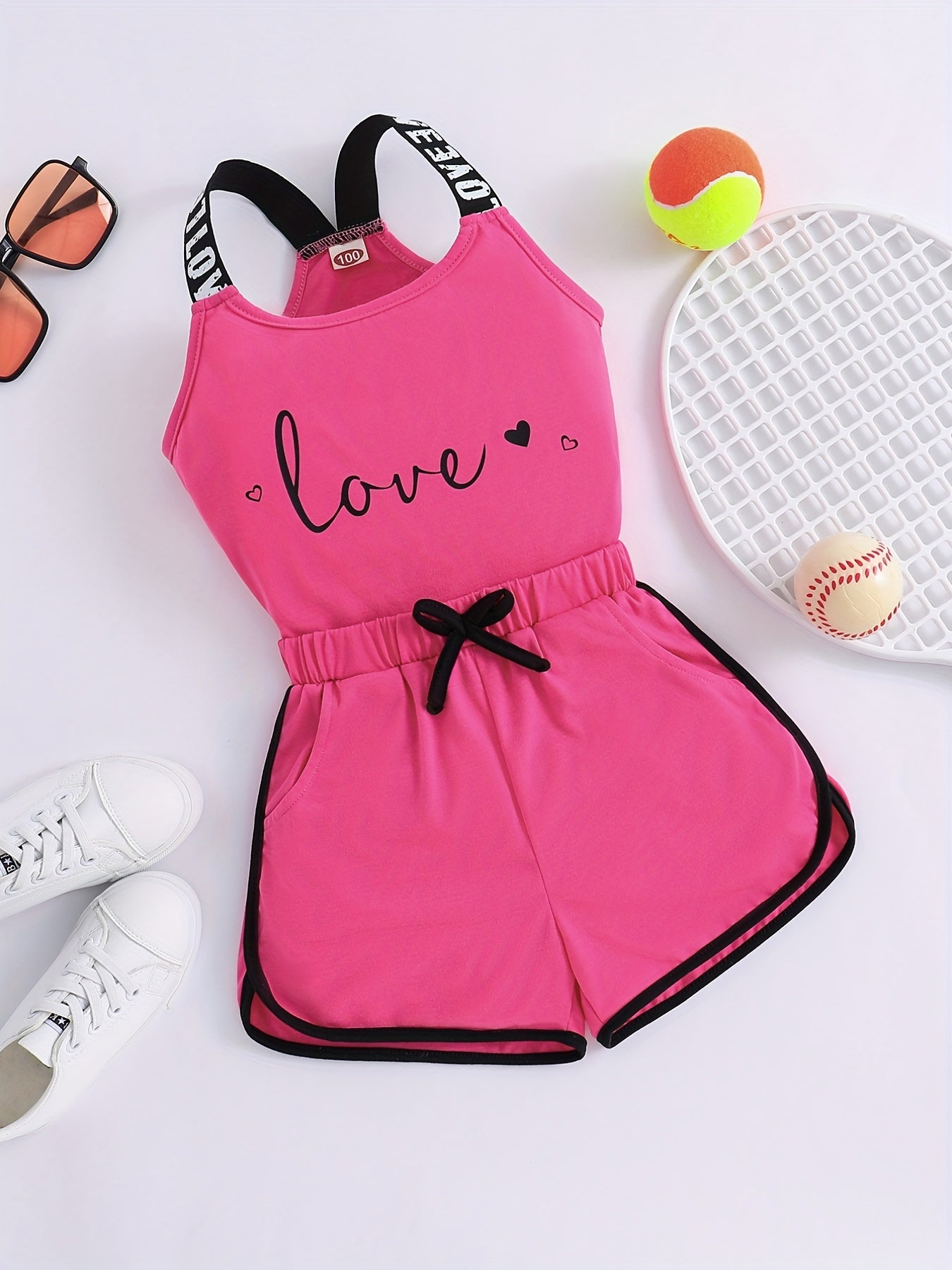 2pcs Toddler Girls Heart And "LOVE" Graphic Letter Tape Cami Top & Bow Contrast Binding Track Shorts Set Kids Summer Clothes