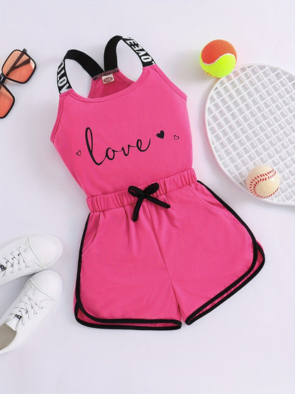 2pcs Toddler Girls Heart And "LOVE" Graphic Letter Tape Cami Top & Bow Contrast Binding Track Shorts Set Kids Summer Clothes