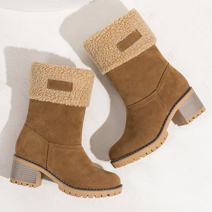 Mid Calf Snow Boots for Women - Stacked Block Heel, Plush Round Toe, Thermal Insulation, Slip-On Design, Solid Color, Winter Warmth and Comfort Shoes