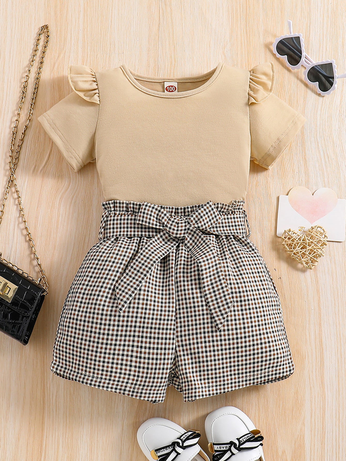 2pcs Girls Round Neck T-Shirt Ruffles Short Sleeves Tee Tops & Belted Plaid Shorts Set Summer Clothes