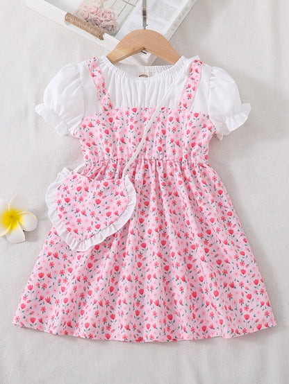 Toddler/ Kid Girls Cute Floral Dress Suit - Short Sleeve Patchwork A-line Dress + Pretty Heart Shaped Bag Set Kids Summer Clothes