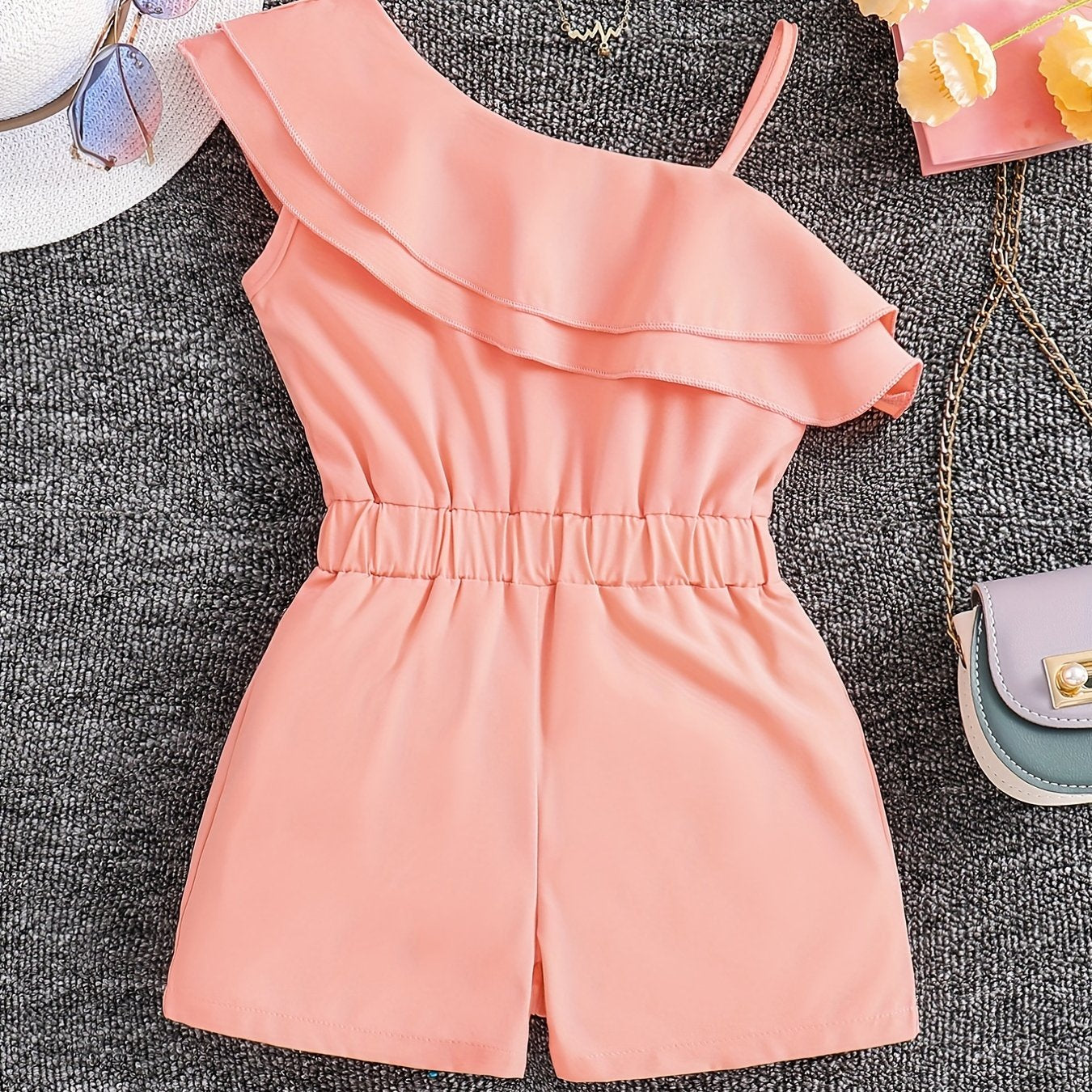 Adorable Girls' White One-Shoulder Romper Jumpsuit - Ruffled, Sleeveless, Summer Outfit for Kids - Breathable, Soft, Comfortable Clothing for Little Princesses