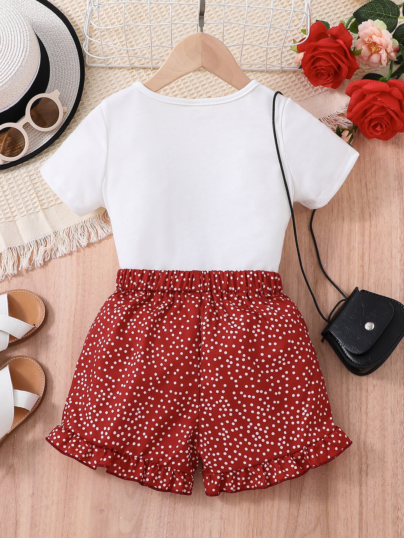 2pcs Girls Cute Cat Graphic Bow T-Shirts Round Neck Short Sleeve Tees Top & Elastic Waist Polka Dots Ruffled Hem Shorts Set Kids Summer Clothes