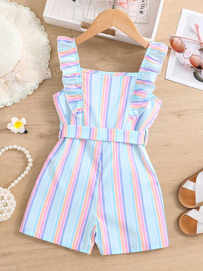 Girls Sleeveless Ruffle Trim Romper Striped Jumpsuit With Belt Kids Summer Clothes