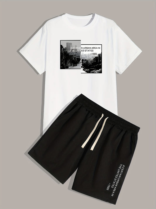 Urban Area, Men's 2pcs, Short Sleeve Round Neck T-Shirt And Drawstring Shorts Set