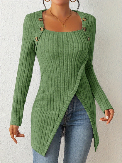 Button Decor Asymmetrical Hem T-Shirt, Casual Ribbed Long Sleeve Top For Spring & Fall, Women's Clothing