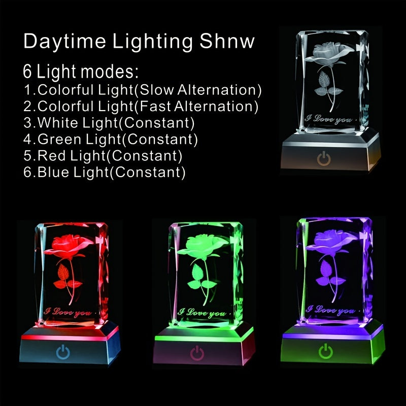 1pc 3D Rose Crystal LED Color Lamp, Unique Anniversary Gift for Mother's Day, Birthday, Girlfriend, Wife, Mother, Friendship Love Commemoration
