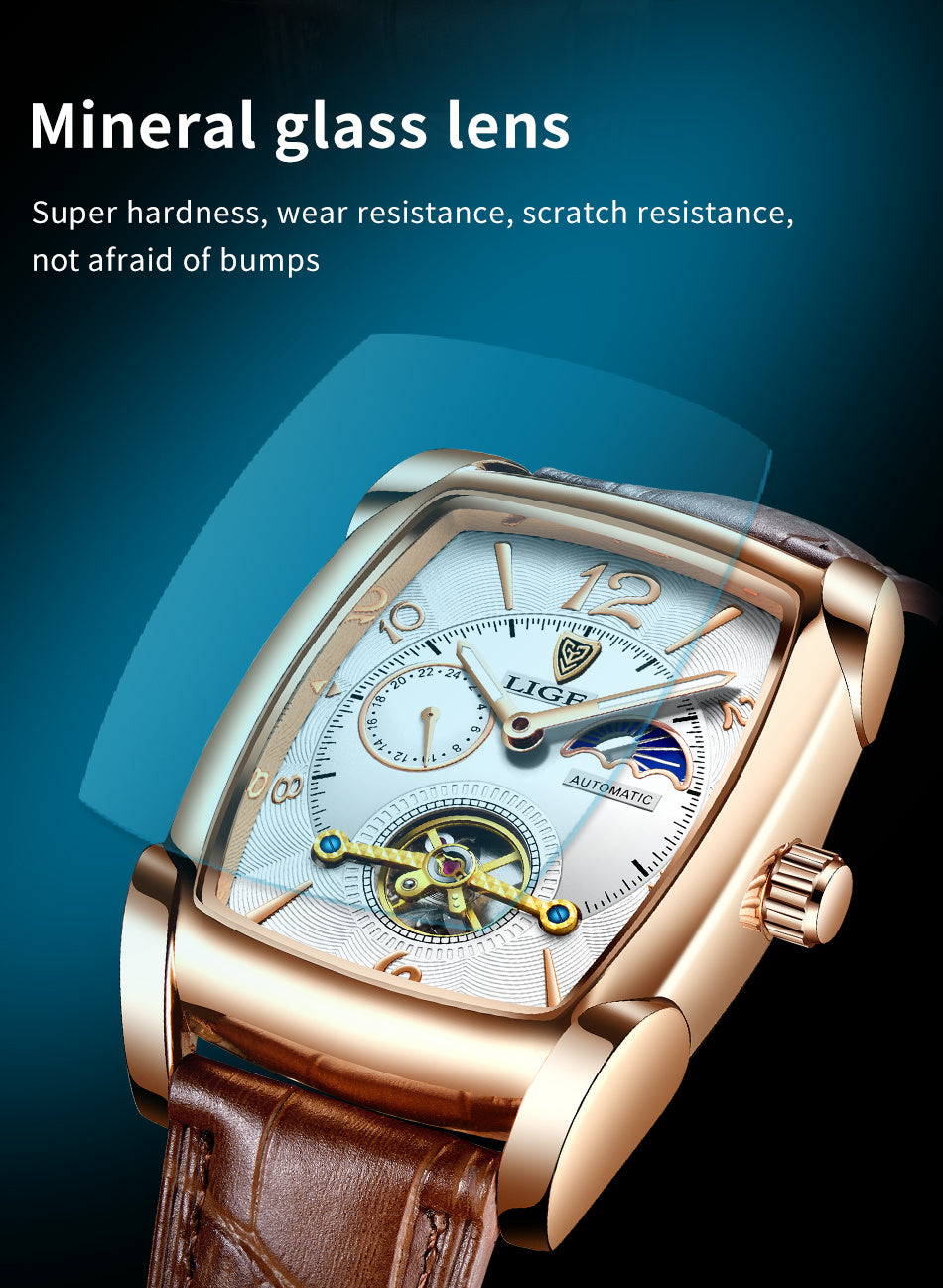 LIGE 2023 Vintage-Inspired Mechanical Men's Watch – Waterproof, Rectangular Leather Timepiece, Perfect Gift